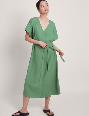 Monsoon Womens Linen Rich Belted Midaxi Waisted Dress - Green, Green