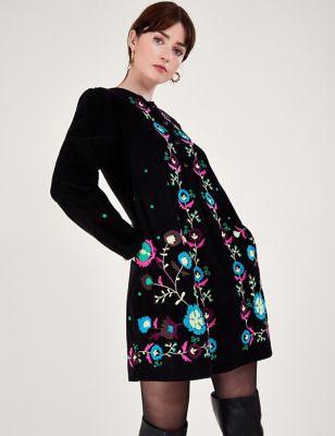 Monsoon Womens Cord Embroidered Mini Shift Dress - L - Black Mix, Black Mix