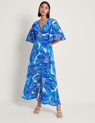 Monsoon Women's Floral Button Front Maxi Tea Dress - 8 - Blue Mix, Blue Mix
