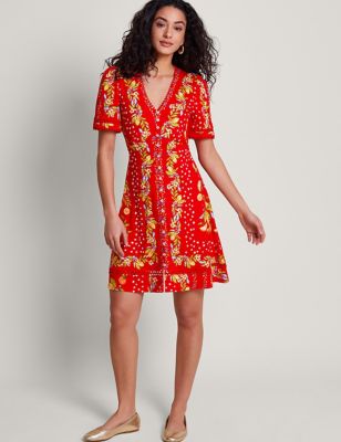 Monsoon Womens Jersey Floral Knee Length Tea Dress - XXL - Red Mix, Red Mix