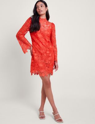 Monsoon Women's Lace High Neck Mini Tea Dress - 14 - Coral, Coral