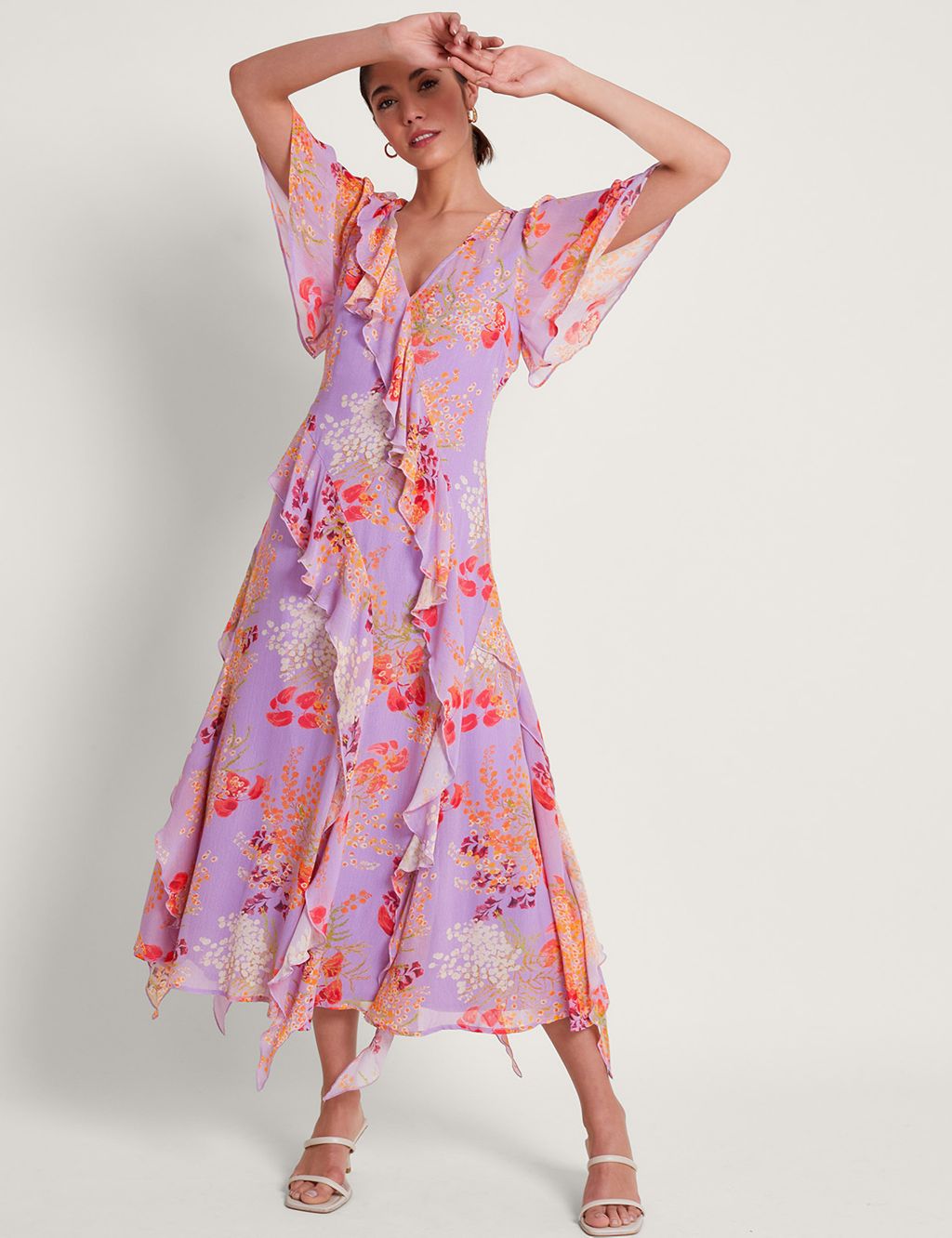 Floral V-Neck Ruffle Midi Tea Dress