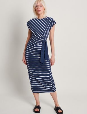 Monsoon Womens Jersey Striped Midi Waisted Dress - XL - Navy Mix, Navy Mix