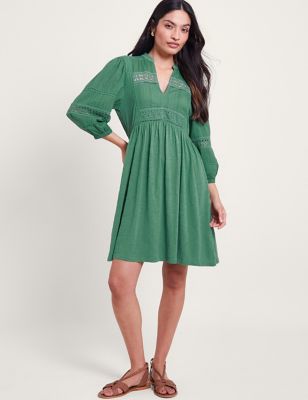 Monsoon Womens V-Neck Lace Insert Knee Length Skater Dress - XL - Green, Green
