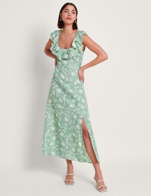 Monsoon Women's Linen Blend Floral Ruffle Detail Midi Tea Dress - 10 - Green Mix, Green Mix