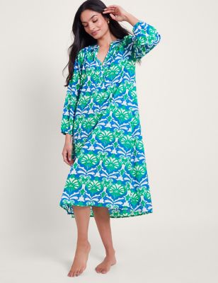 Monsoon Womens Cotton Rich Floral Notch Neck Midi Dress - Green Mix, Green Mix