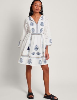 Monsoon Womens Pure Cotton Embroidered Kaftan Dress - Ivory Mix, Ivory Mix