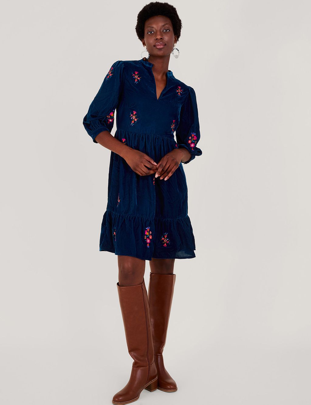 Velvet Embroidered Knee Length Tiered Dress image 1