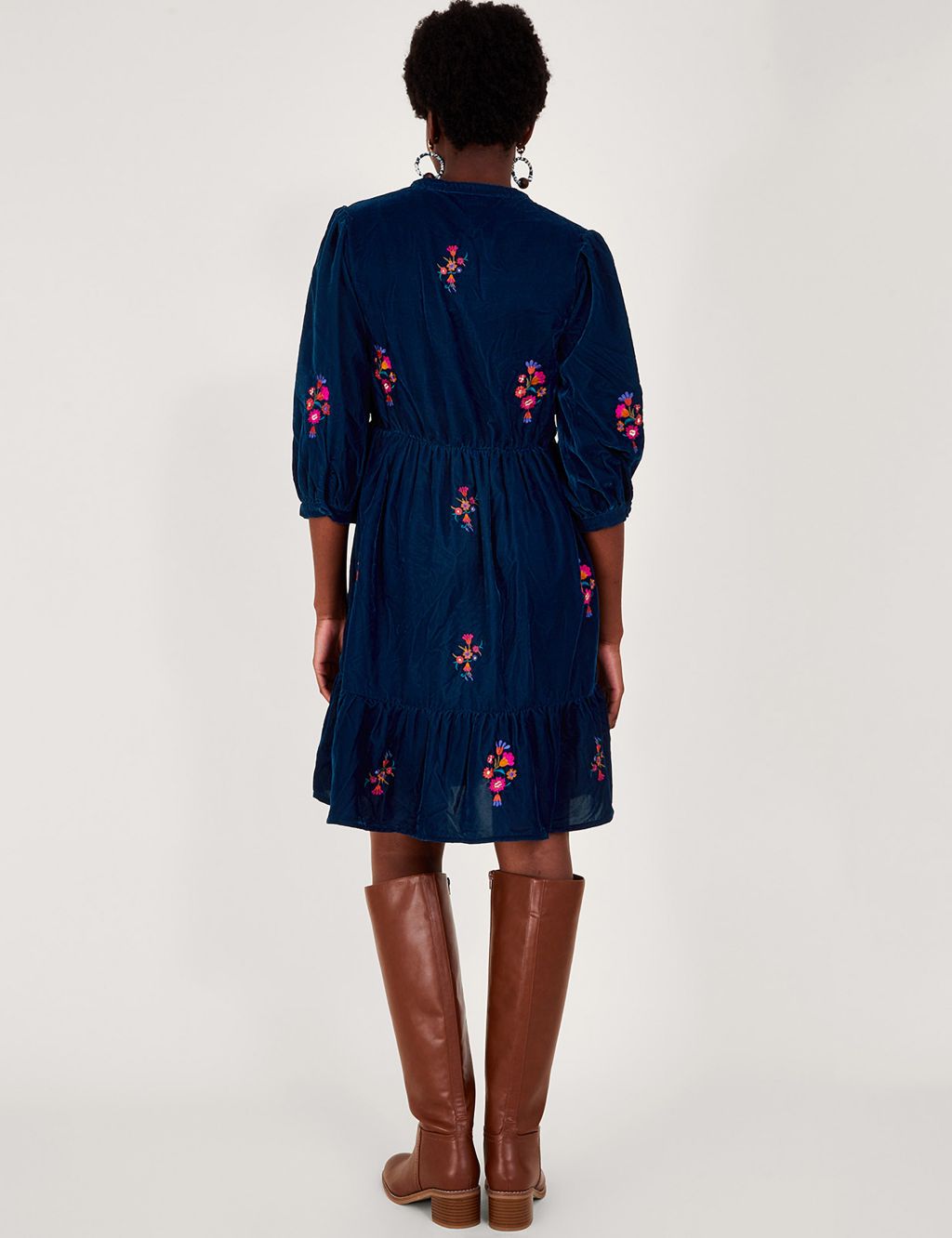 Velvet Embroidered Knee Length Tiered Dress image 3