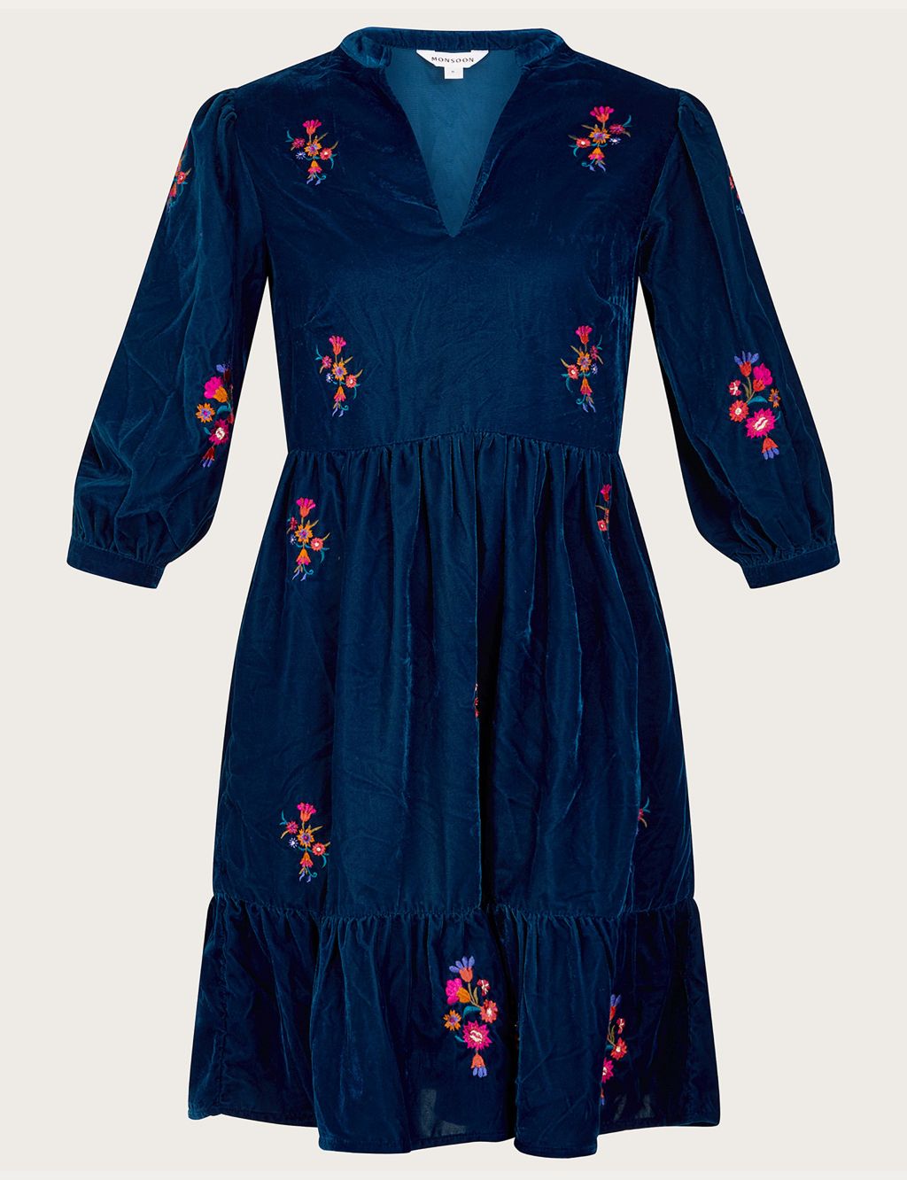 Velvet Embroidered Knee Length Tiered Dress image 2