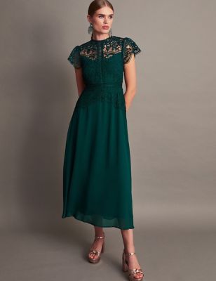 Monsoon Women's Lace Midi Waisted Dress - 6 - Green, Green,Navy
