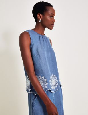 Monsoon Women's Embroidered Scalloped Blouse - Blue Denim, Blue Denim