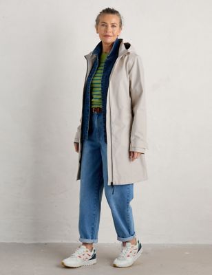 Seasalt Cornwall Womens Cotton Rich Hooded Longline Raincoat - 8REG - Natural, Natural,Pink Mix,Gree