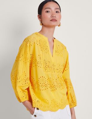 Monsoon Womens Pure Cotton Broderie Top - XXL - Yellow, Yellow