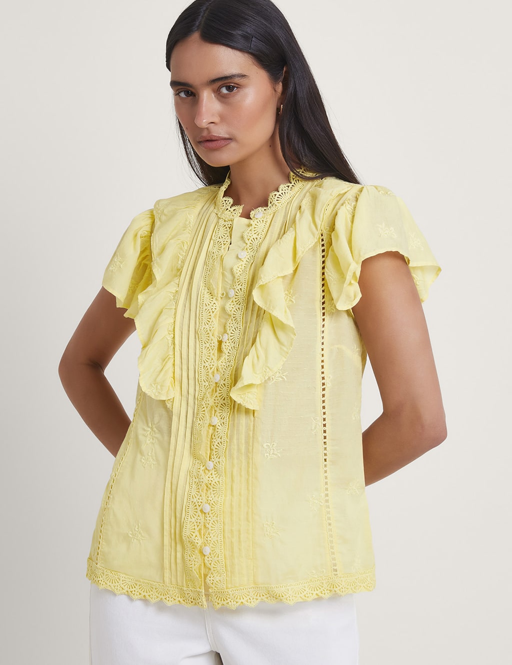 Black yellow white Print sheer long sleeve blouse m