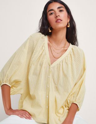 Monsoon Women's Pure Cotton Striped V-Neck Blouse - Yellow Mix, Yellow Mix
