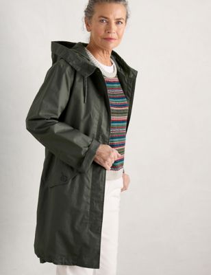 Seasalt Cornwall Womens Waterproof Linen Rich Longline Raincoat - 10REG - Green, Green,Navy