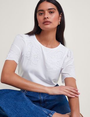 Monsoon Women's Floral Lace Trim T-Shirt - Ivory, Ivory