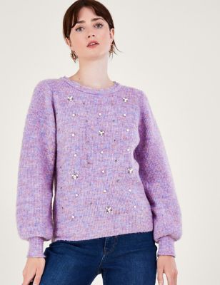 Monsoon Womens Embellished Crew Neck Jumper with Wool - XXL - Lilac, Lilac