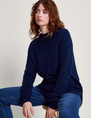 Monsoon Womens Crew Neck Longline Jumper with Wool - Navy, Navy