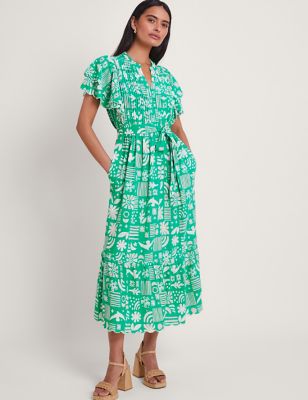 Monsoon Womens Printed Button Front Midaxi Tiered Dress - Green Mix, Green Mix