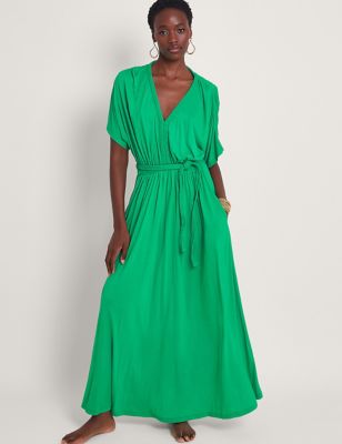 Monsoon Women's Jersey V-Neck Belted Maxi Waisted Dress - XL - Green, Green