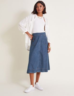 Monsoon Womens Pure Cotton Denim Midi A-Line Skirt - Indigo, Indigo,Blue Denim