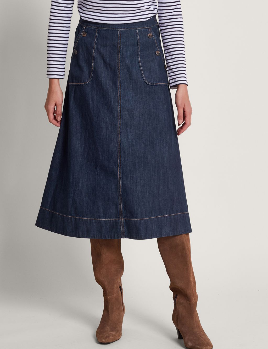 Pure Cotton Denim Midi A-Line Skirt