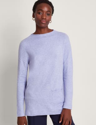 Monsoon Women's Pocket Detail Longline Jumper with Wool - Lilac, Lilac,Yellow