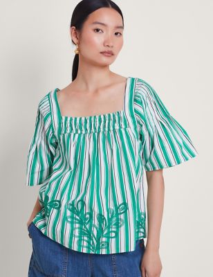 Monsoon Women's Pure Cotton Striped Embroidered Top - L - Green Mix, Green Mix