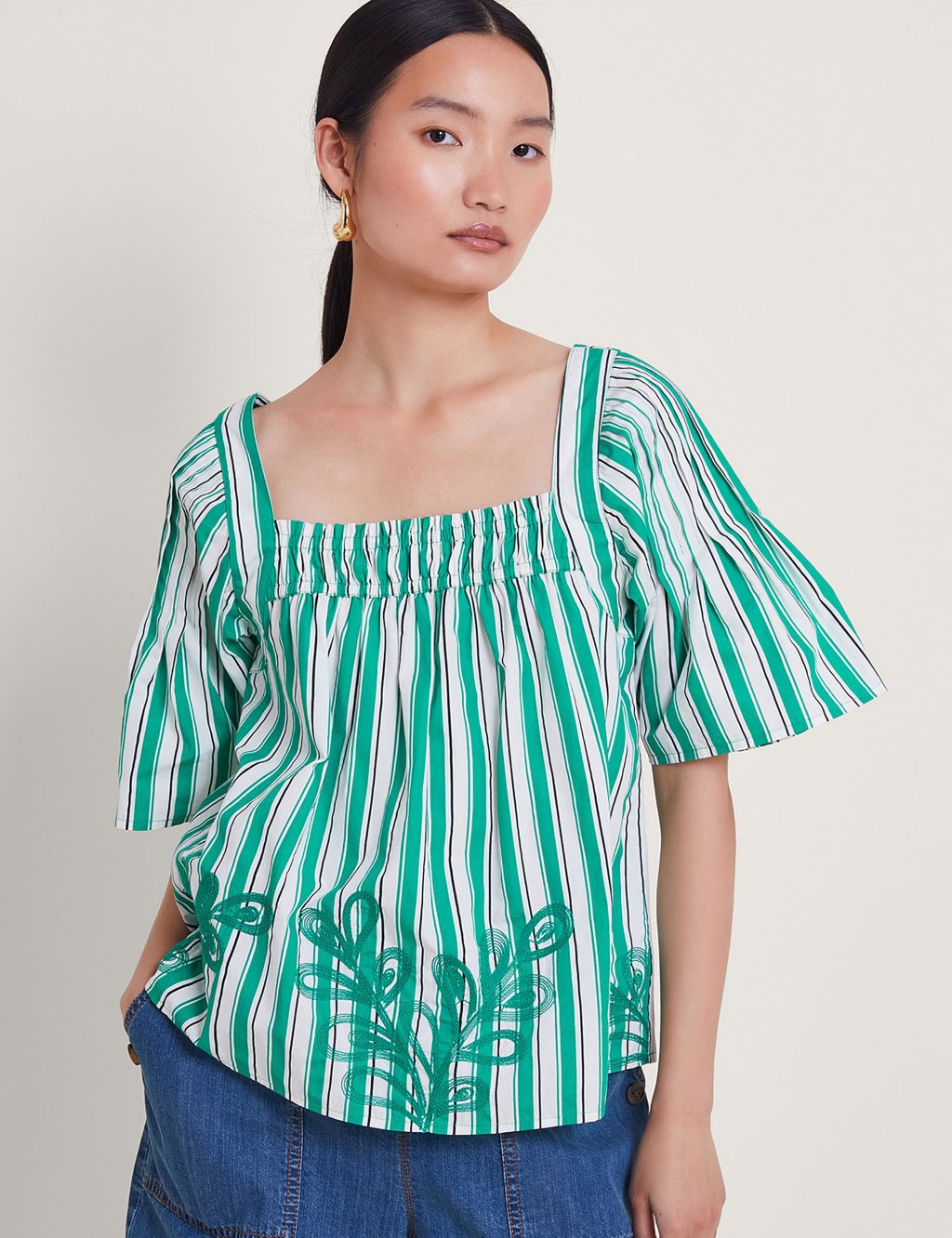 Pure Cotton Striped Embroidered Top