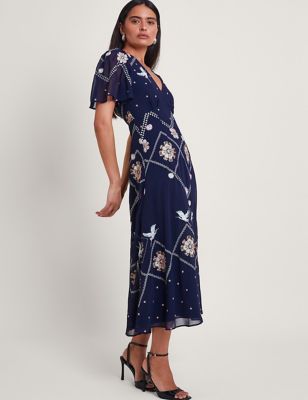 Monsoon Women's Embroidered V-Neck Midaxi Tea Dress - 10 - Navy Mix, Navy Mix