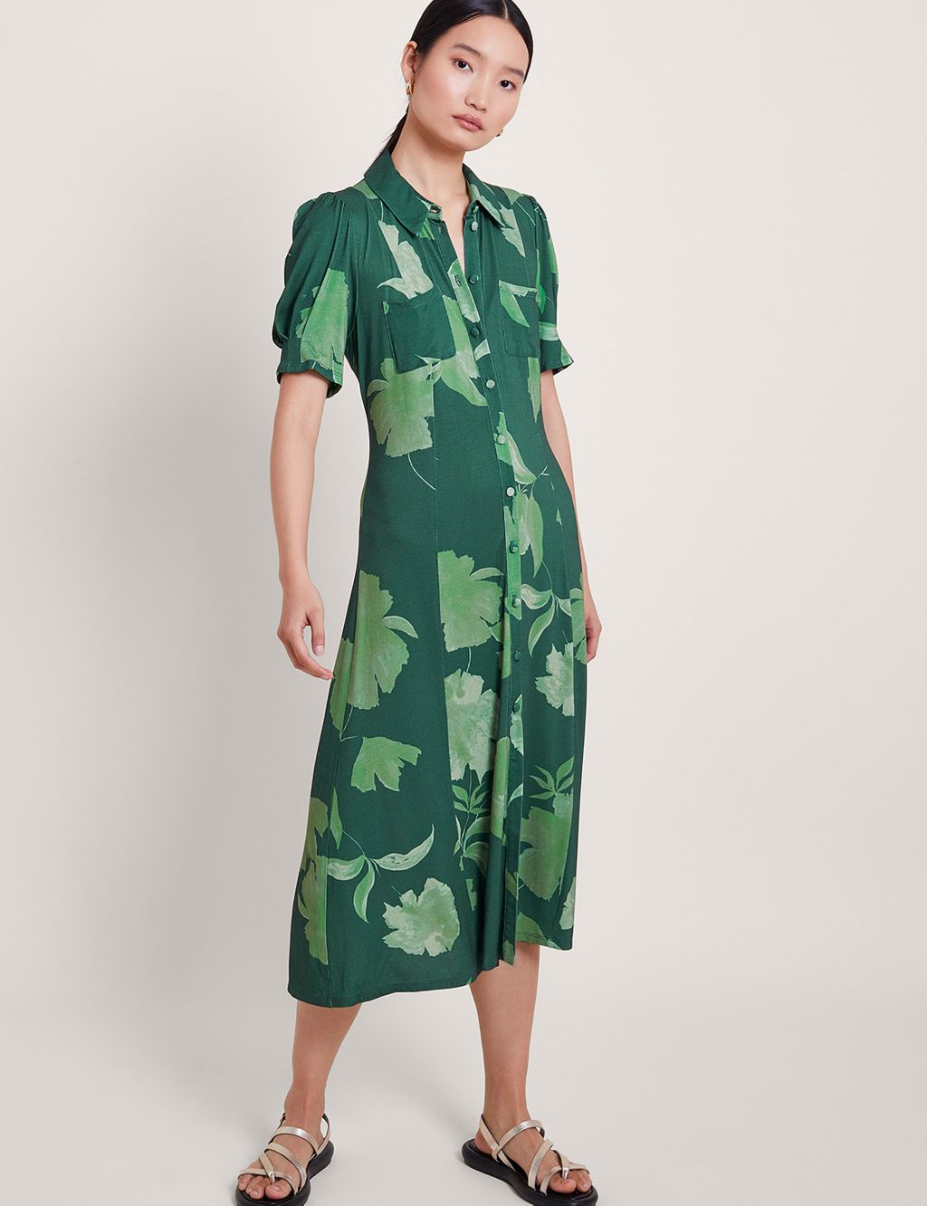 Jersey Leaf Print Midi Shirt Dress