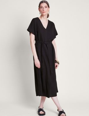Monsoon Womens Linen Rich Belted Midi Dress - Black, Black