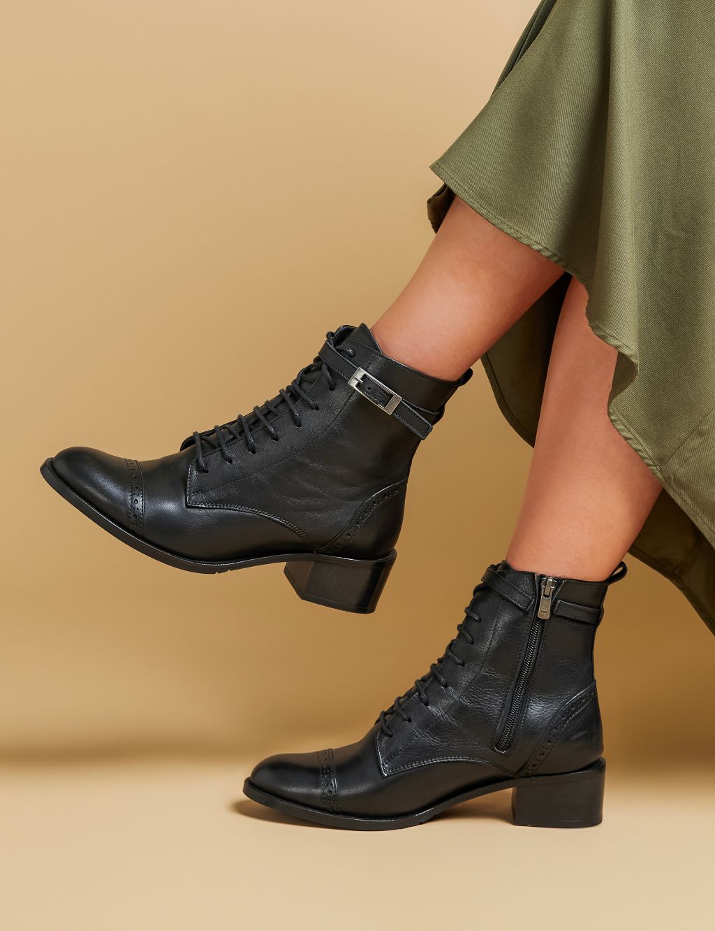 Leather Lace Up Block Heel Ankle Boots