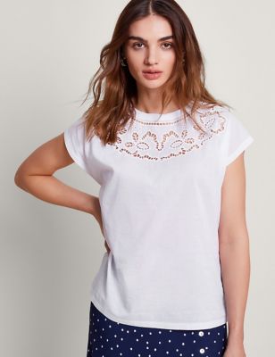 Monsoon Women's Pure Cotton Cutwork Detail T-Shirt - White, White,Black