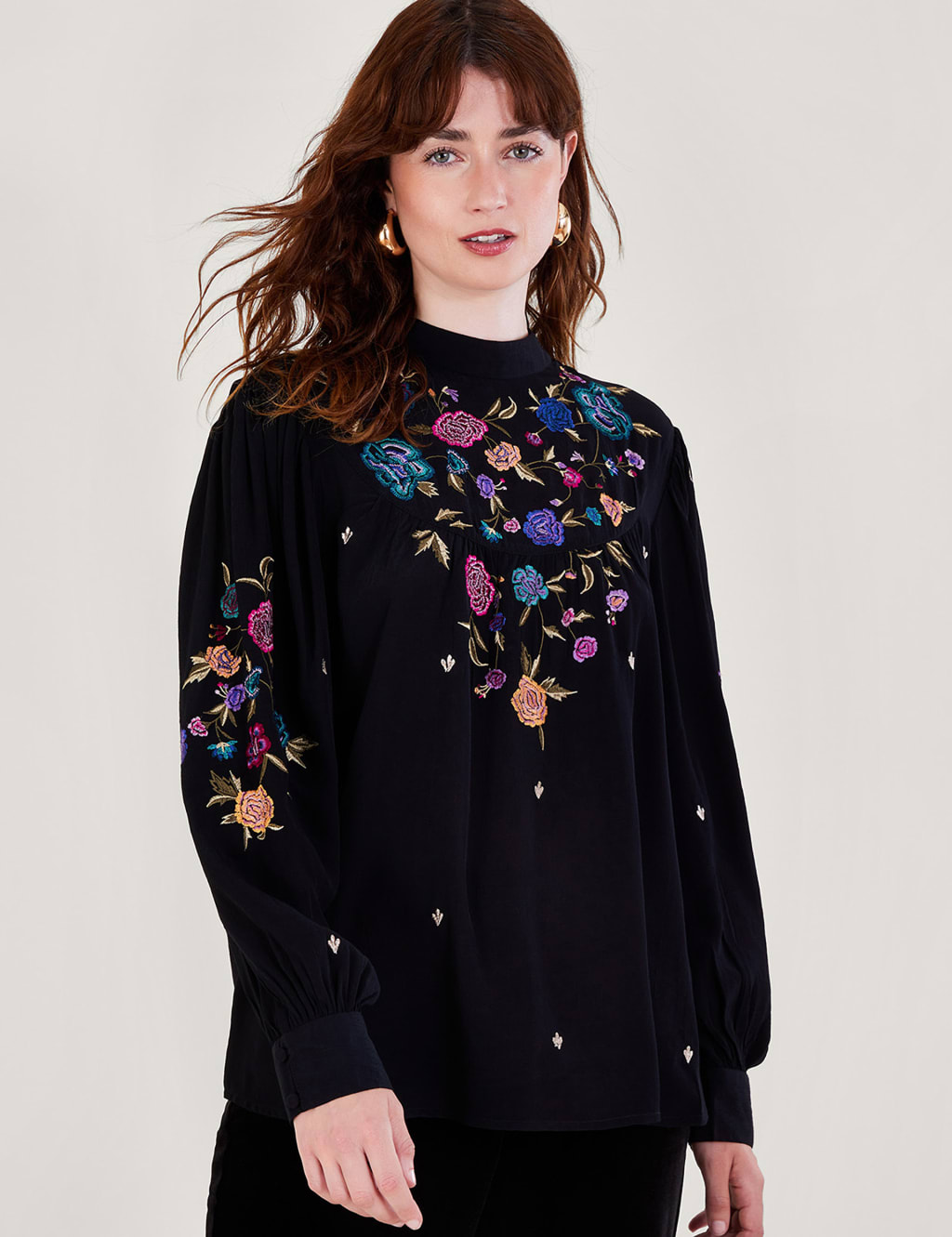 Floral Embroidered Bib Front Blouse image 1