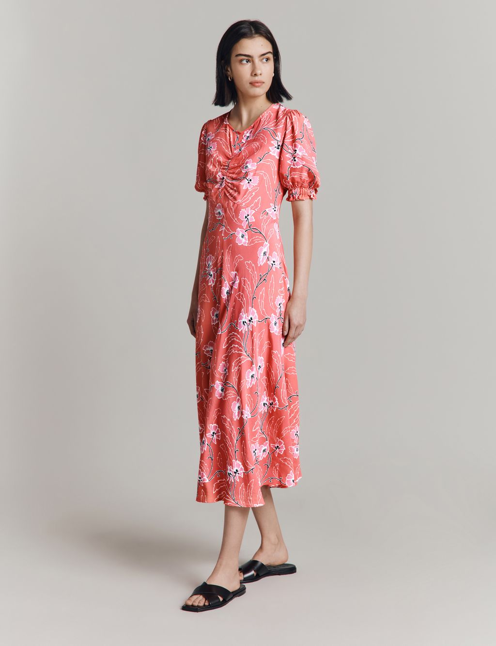 Crepe Floral V-Neck Midaxi Tea Dress