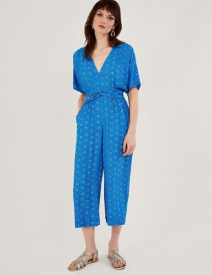 Monsoon Womens Printed Tie Detail Cropped Jumpsuit - XL - Blue, Blue