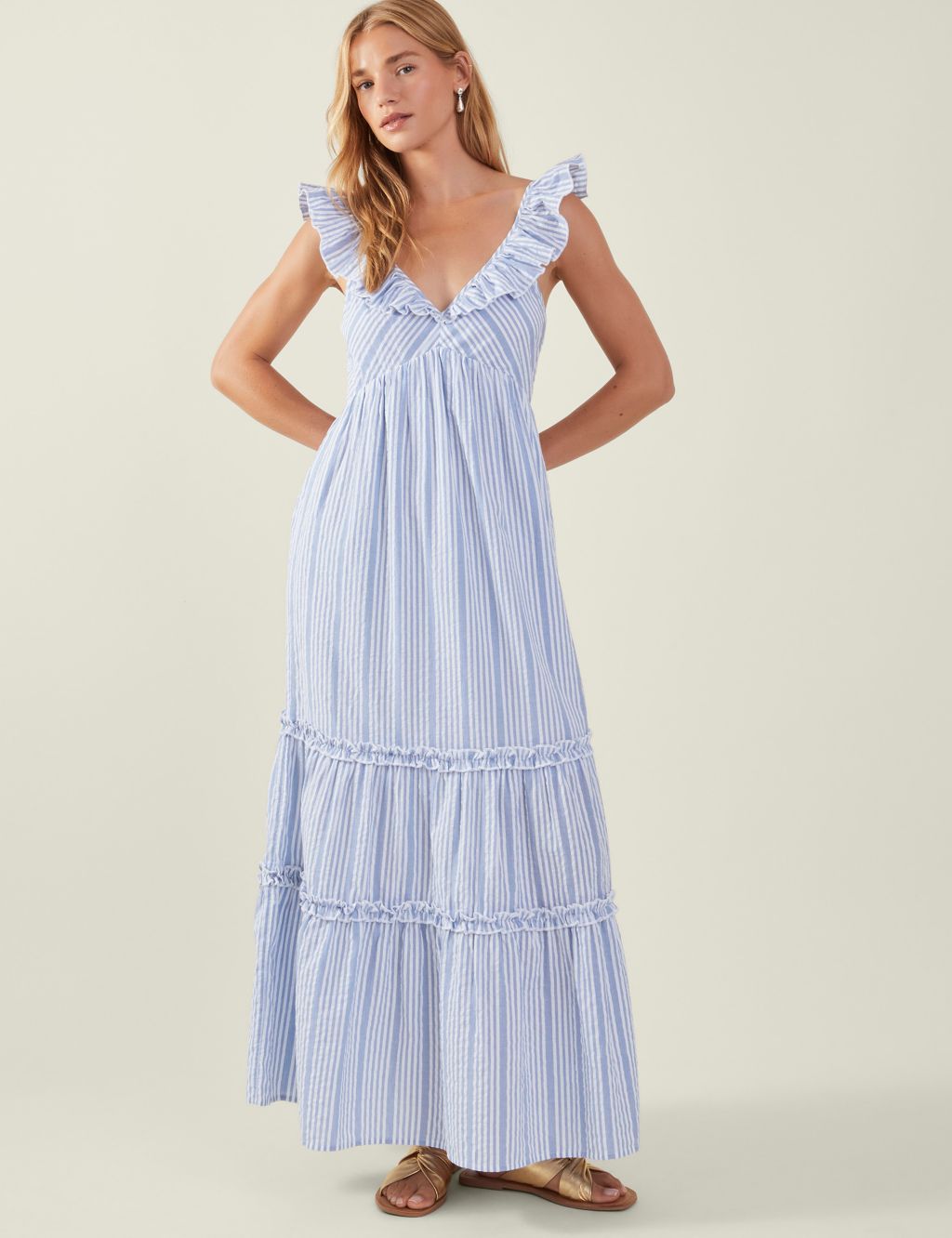 Pure Cotton Striped V-Neck Maxi Dress