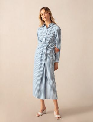 Ro&Zo Womens Pure Cotton Striped Midi Shirt Dress - 16PET - Blue Mix, Blue Mix