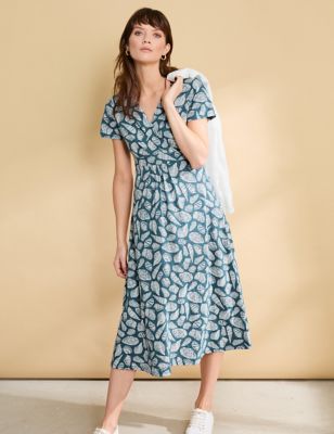Seasalt Cornwall Women's Pure Cotton Shell Print Midi Waisted Dress - 20 - Blue Mix, Blue Mix