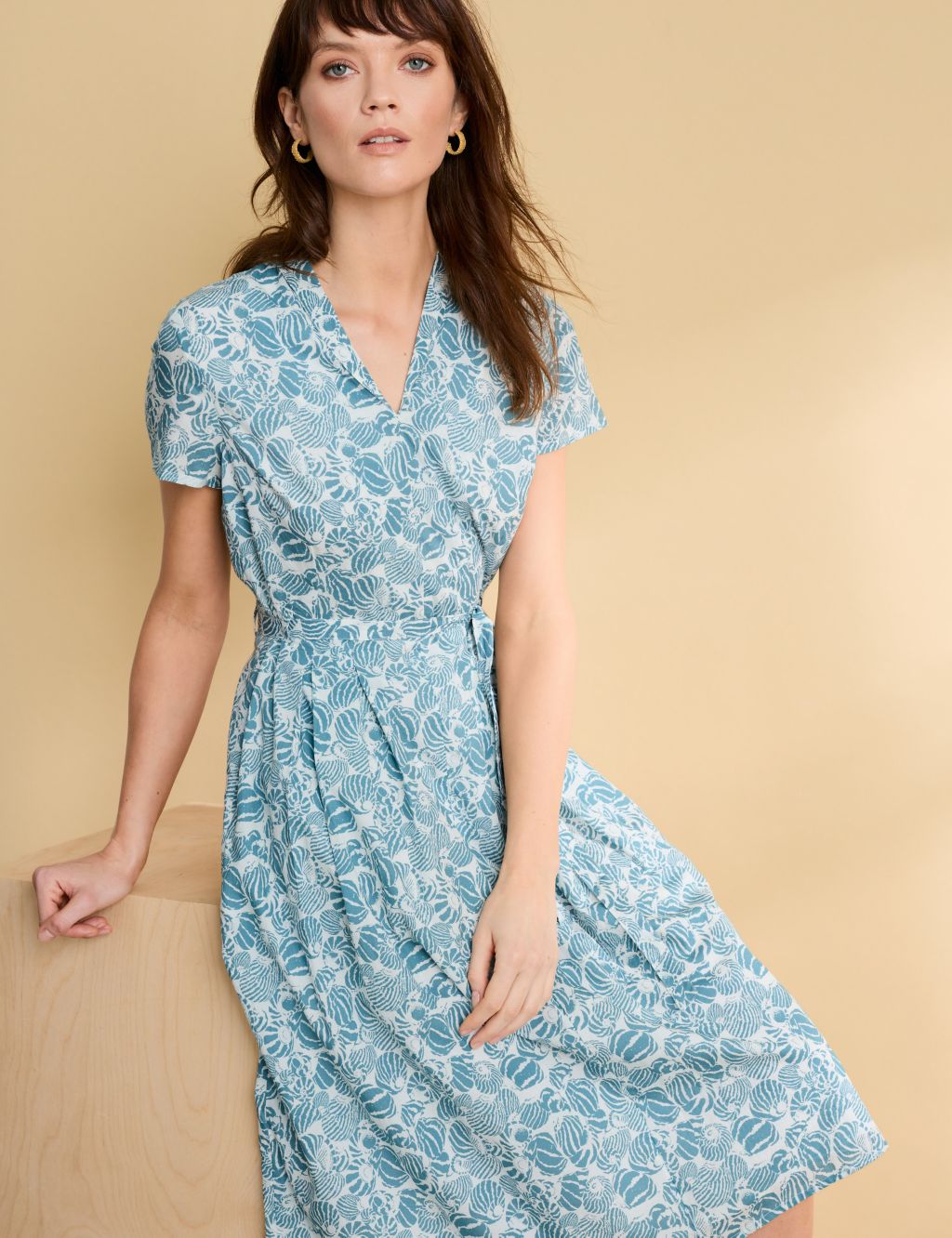 Pure Cotton Printed V-Neck Midi Waisted Dress