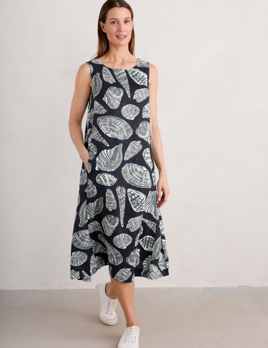 Pure Linen Shell Print Midi Relaxed Dress