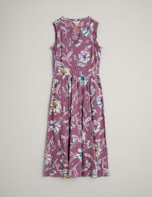 Pure Cotton Floral V-Neck Midi Waisted Dress
