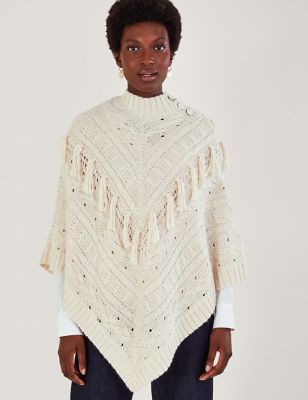 Monsoon Womens Knitted Tassel Button Detail Poncho - Ivory, Ivory