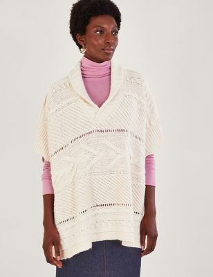 Monsoon Womens Knitted Collared Poncho - Ivory, Ivory