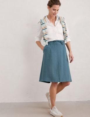 Seasalt Cornwall Women's Pure Linen Knee Length A-Line Skirt - 8 - Blue, Blue
