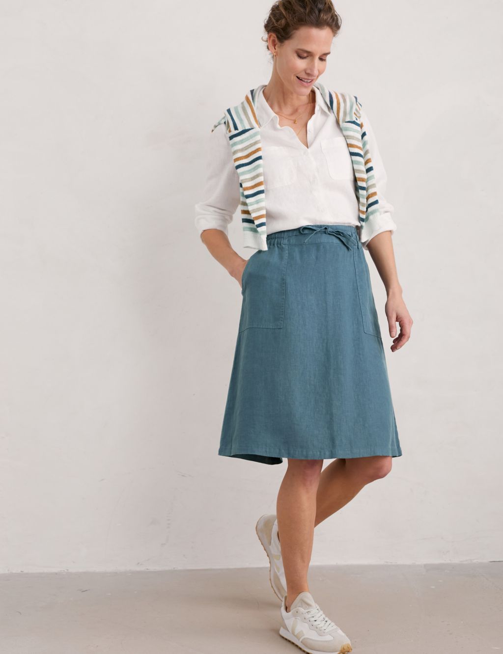 Pure Linen Knee Length A-Line Skirt