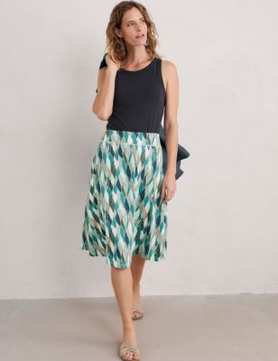 Seasalt Cornwall Women's Cotton Rich Printed Knee Length A-Line Skirt - 24 - Green Mix, Green Mix